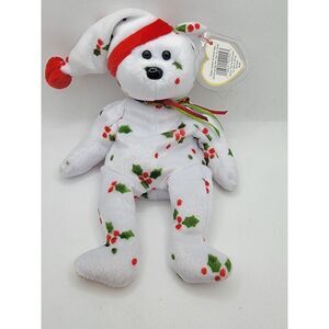 Ty Beanie Baby 1998 Holiday Teddy - White Christmas Bear with Holly & Rattle Hat